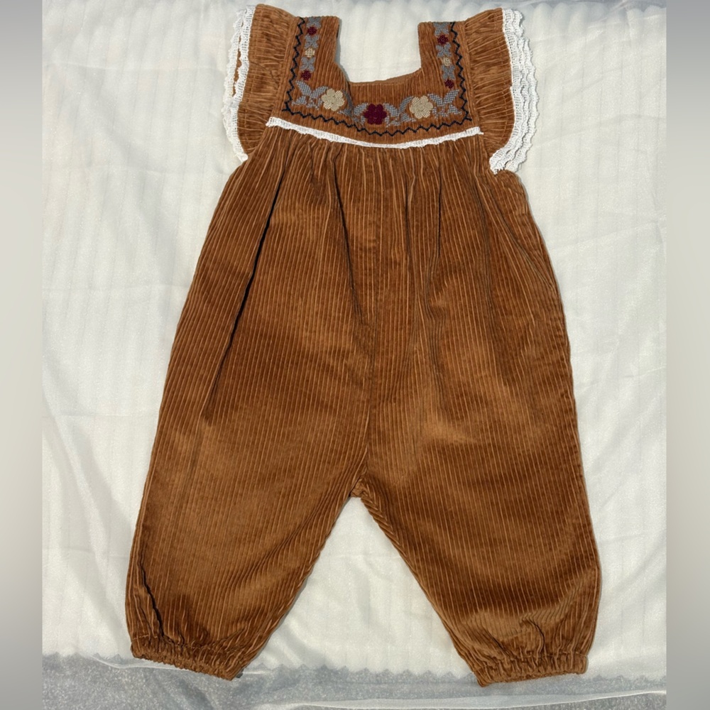ZARA Corduroy Romper Jumpsuit Brown Embroidered Boho Size 12-18 months